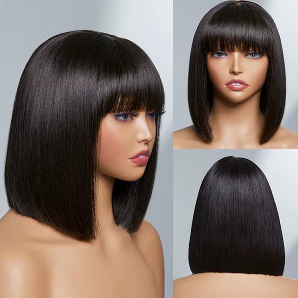 Brazilian Straight Bob Lace Wigs Glueless Straight Human Hair Wigs with Bangs Fringe Middle Part Bob Lace Wigs Realistic Scalp