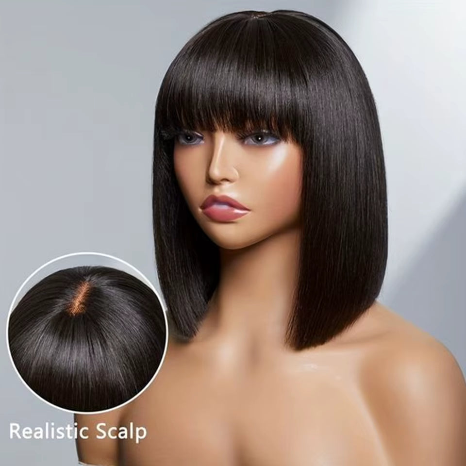 Brazilian Straight Bob Lace Wigs Glueless Straight Human Hair Wigs with Bangs Fringe Middle Part Bob Lace Wigs Realistic Scalp