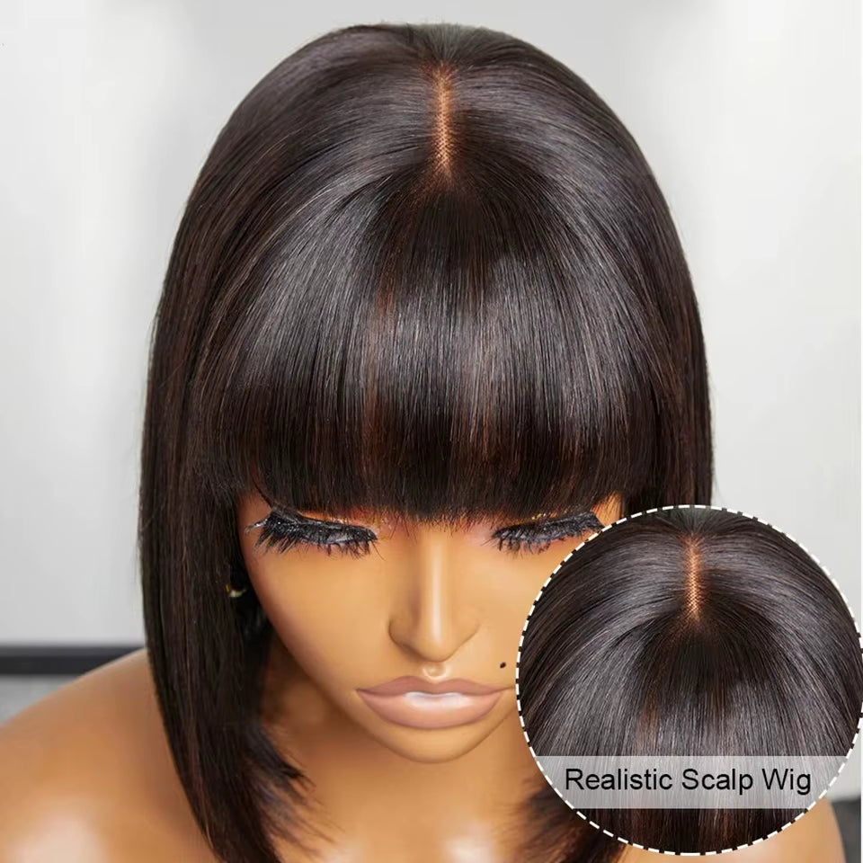 Brazilian Straight Bob Lace Wigs Glueless Straight Human Hair Wigs with Bangs Fringe Middle Part Bob Lace Wigs Realistic Scalp