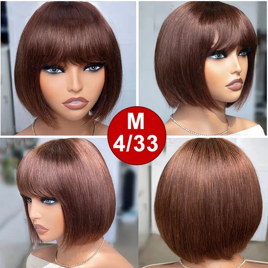 Brazilian Straight Bob Lace Wigs Glueless Straight Human Hair Wigs with Bangs Fringe Middle Part Bob Lace Wigs Realistic Scalp