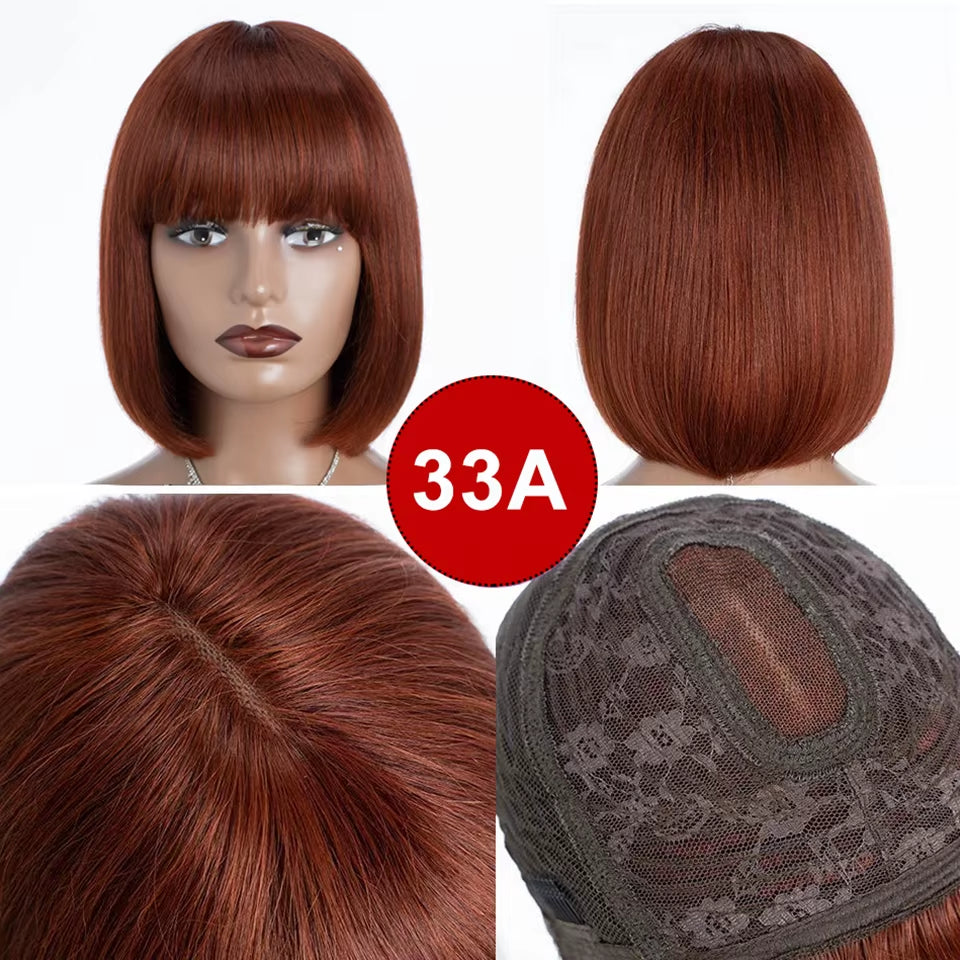 Brazilian Straight Bob Lace Wigs Glueless Straight Human Hair Wigs with Bangs Fringe Middle Part Bob Lace Wigs Realistic Scalp